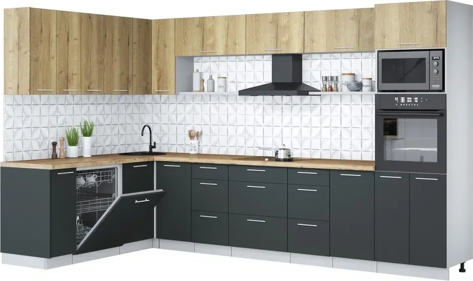 

Готовая кухня Интерлиния Мила Лайт 1.896х3.38-2 (дуб золотой/антрацит/дуб бунратти)