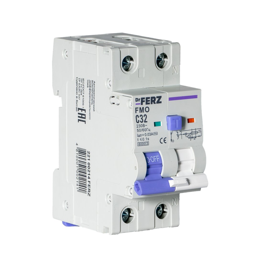 

Дифференциальный автомат Dr.Ferz FMO-EL-1P+N 32A 30mA 6kA AC C 2M 22100214FERZ