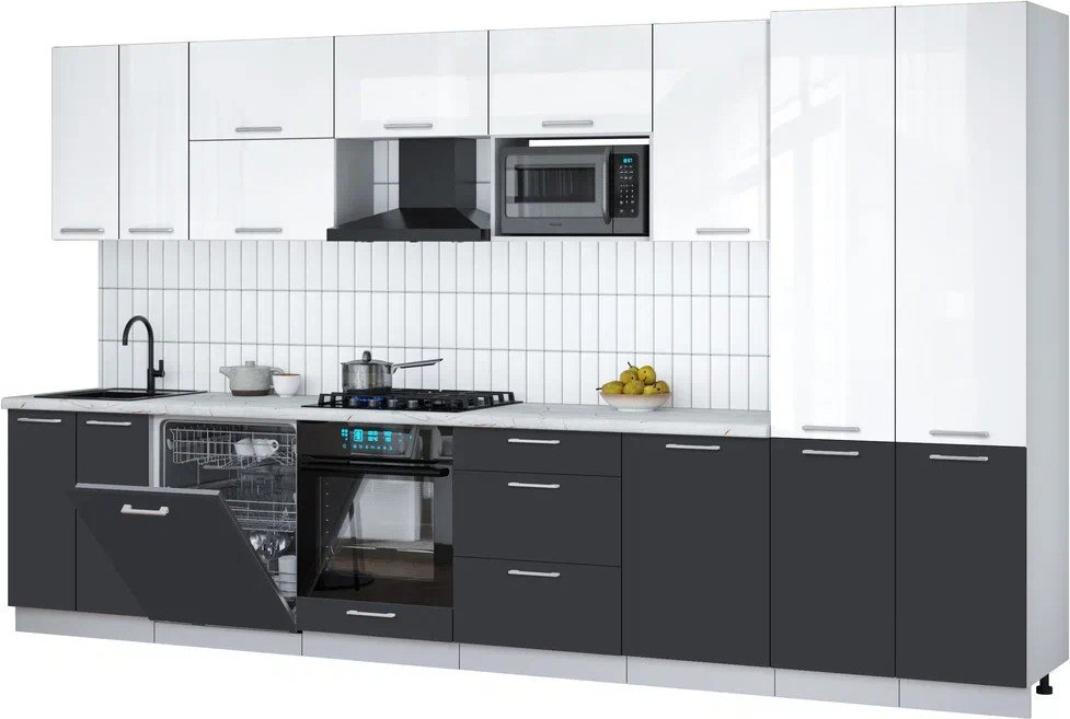 

Готовая кухня Интерлиния Мила Gloss 3.7-ПМ2 (пепел/белый глянец/серый каспий)