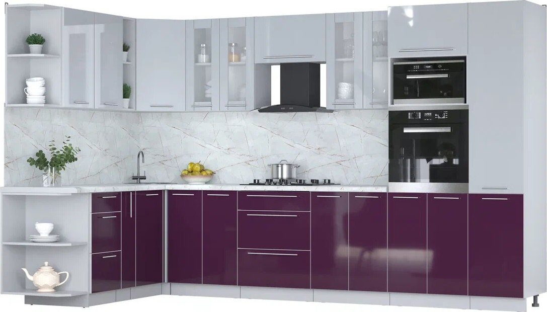 

Готовая кухня Интерлиния Мила Пластик 1.88x3.4 LV (туманный глянец/слива/серый каспий)