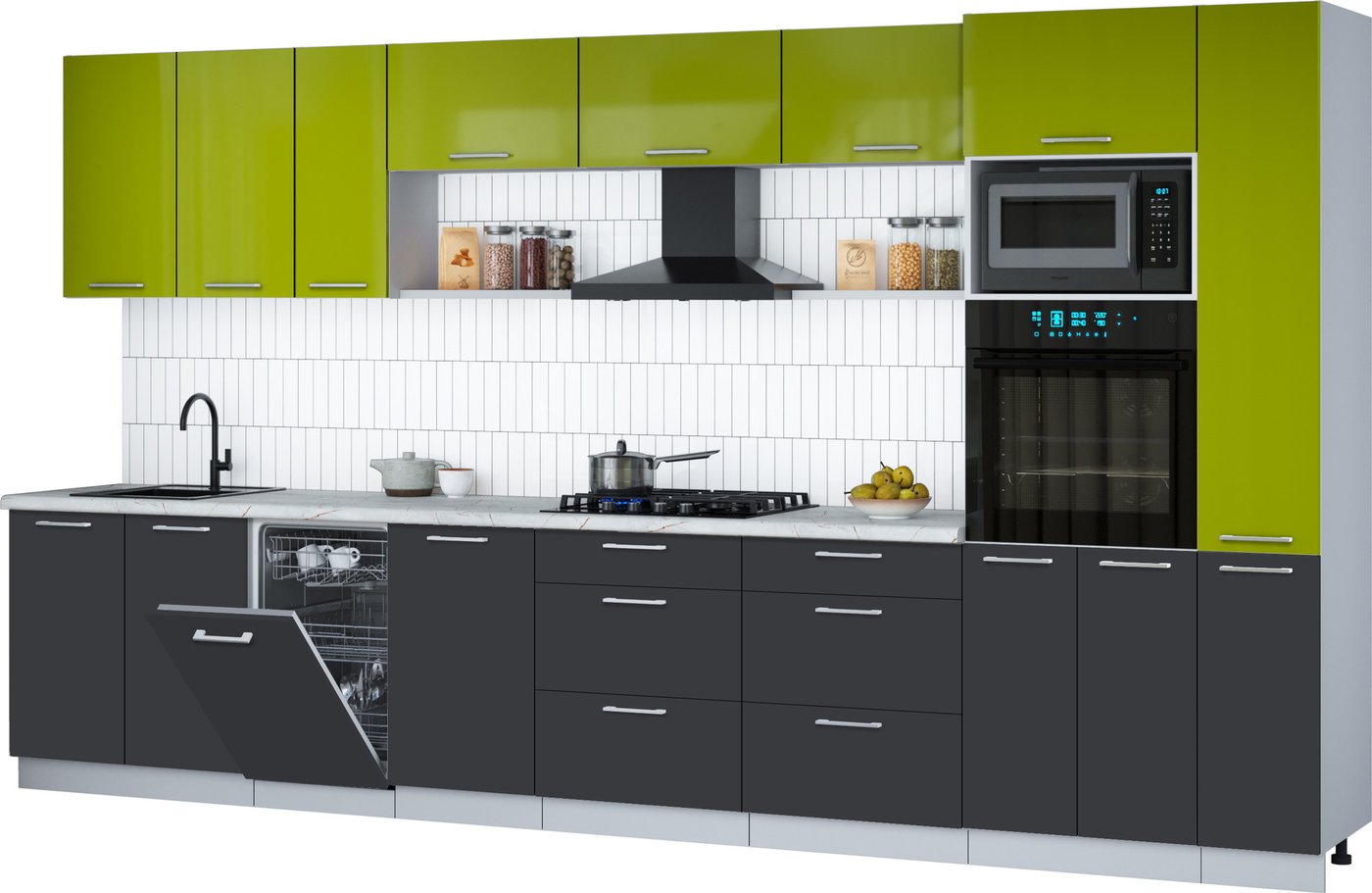 

Готовая кухня Интерлиния Мила Gloss 3.8-ПМ3 (пепел/яблоко глянец/травертин серый)