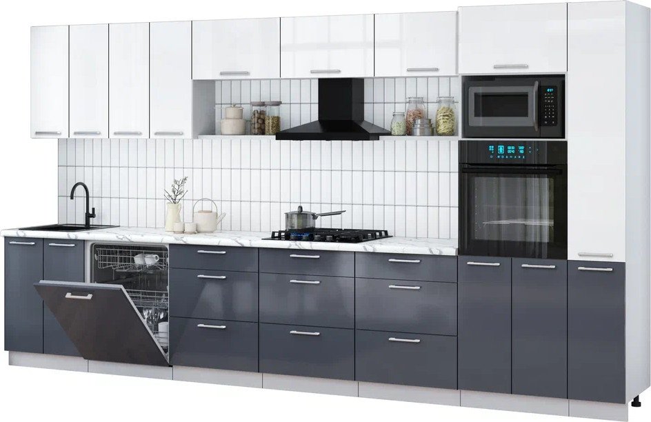 

Готовая кухня Интерлиния Мила Gloss 3.9-ПМ1 (асфальт глянец/белый глянец/белый гранит)