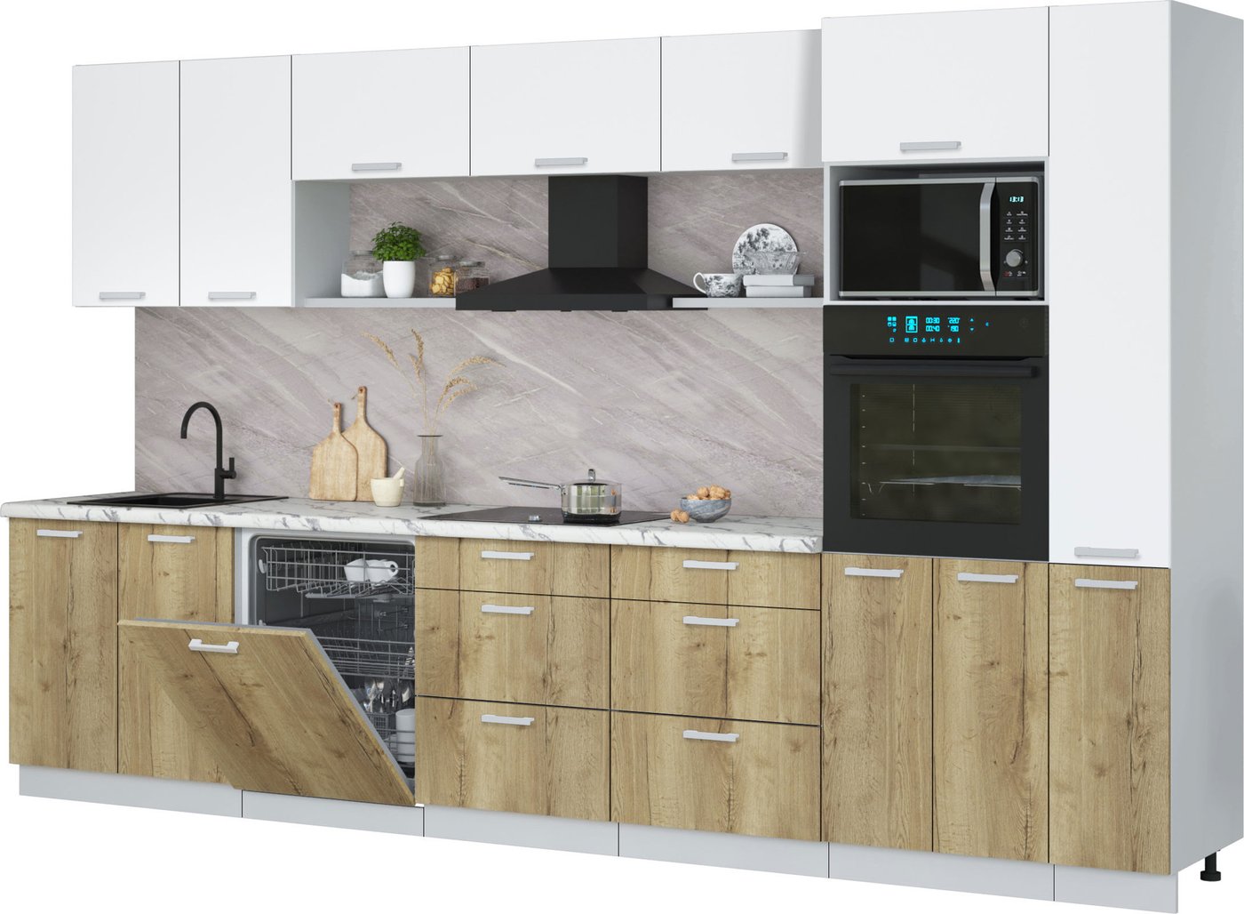 

Готовая кухня Интерлиния Мила Лайт 3.5-ПМ1 (белый платинум/дуб золотой/белый гранит)