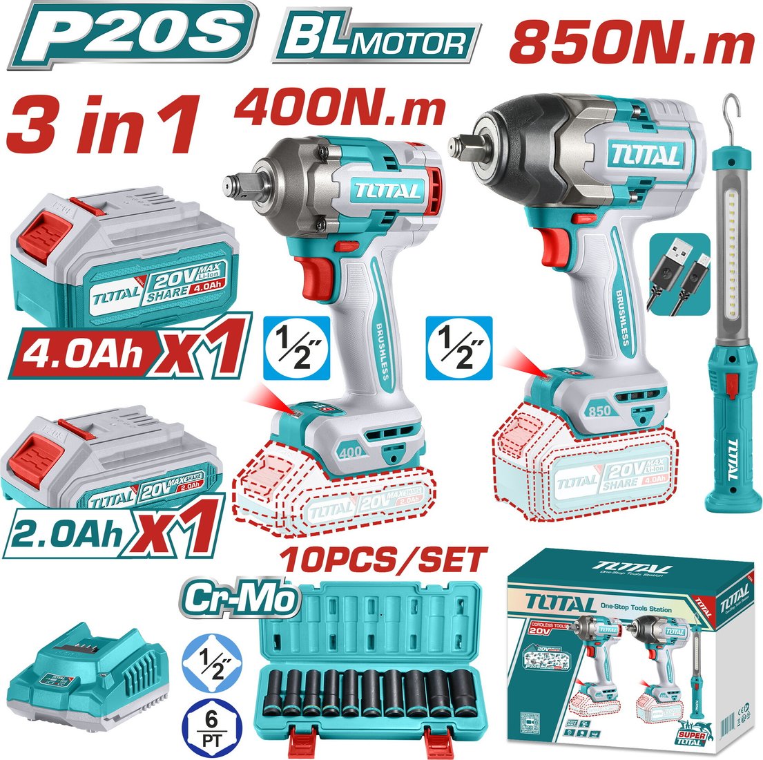 

Total TOSLI241195 (2 гайковерта, фонарь, 2 АКБ)