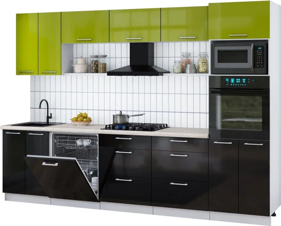 

Готовая кухня Интерлиния Мила Gloss 3.0-ПМ1 (черный глянец/яблоко глянец/травертин серый)