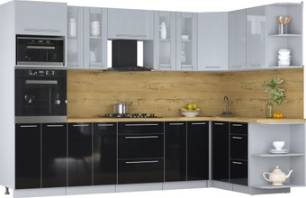 Готовая кухня Интерлиния Мила Пластик 1.68x3.0 PR (туманный глянец/черный глянец/дуб бунратти)