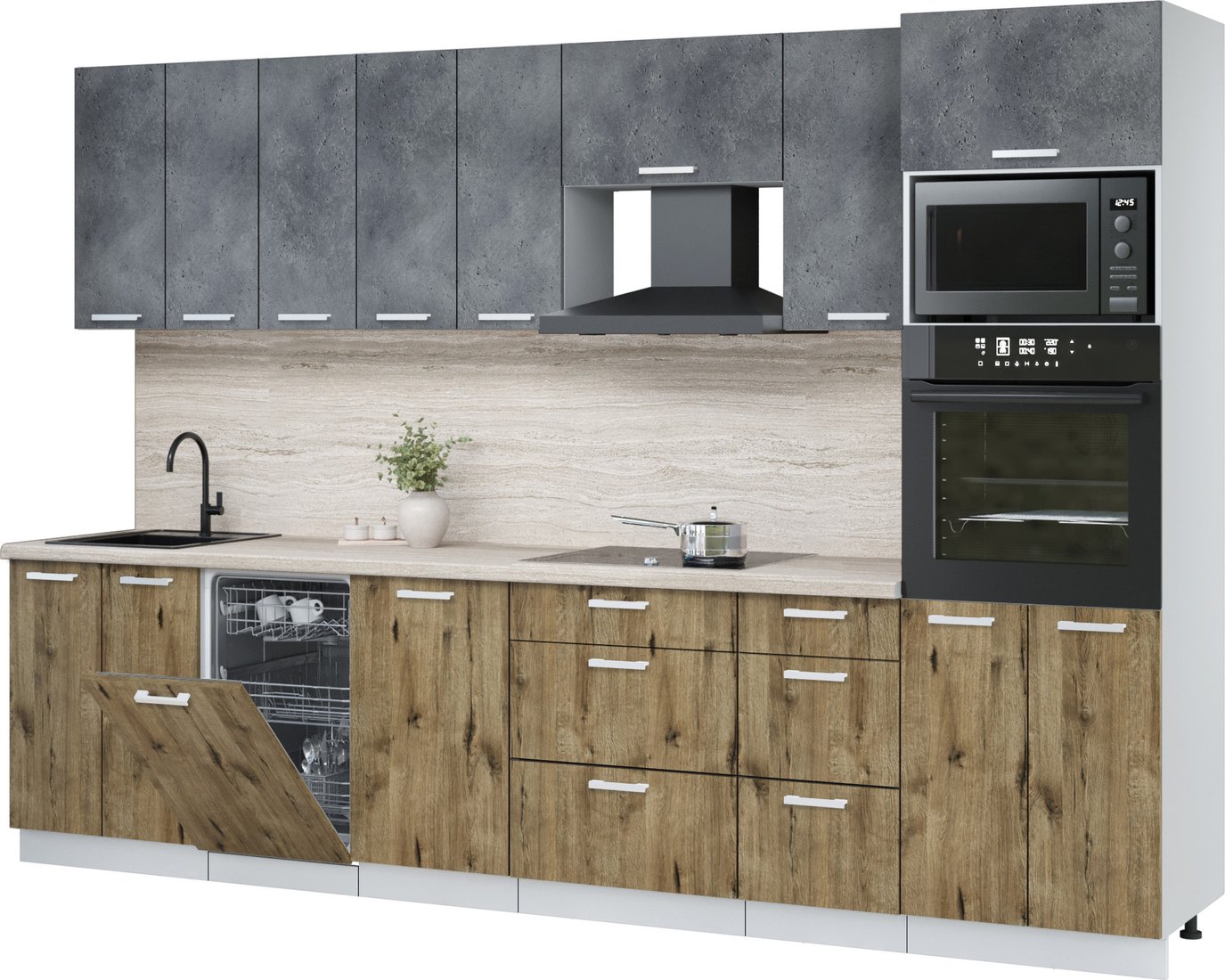 

Готовая кухня Интерлиния Мила Лайт 3.1-ПМ3 (бетон портленд/дуб веллингтон/травертин серый)