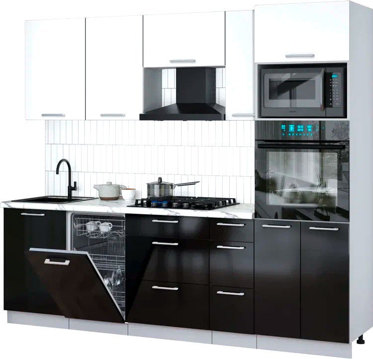 

Готовая кухня Интерлиния Мила Gloss 2.45-ПМ3 (черный глянец/белый/белый гранит)