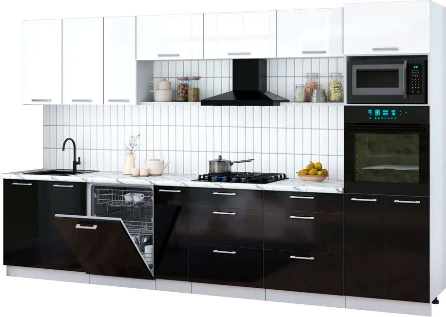 

Готовая кухня Интерлиния Мила Gloss 3.5-ПМ1-2 (черный глянец/белый глянец/белый гранит)