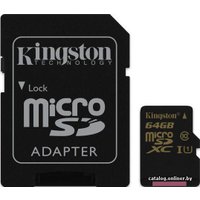 Карта памяти Kingston microSDHC UHS-I (Class 10) 64GB + SD адаптер (SDCA10/64GB)