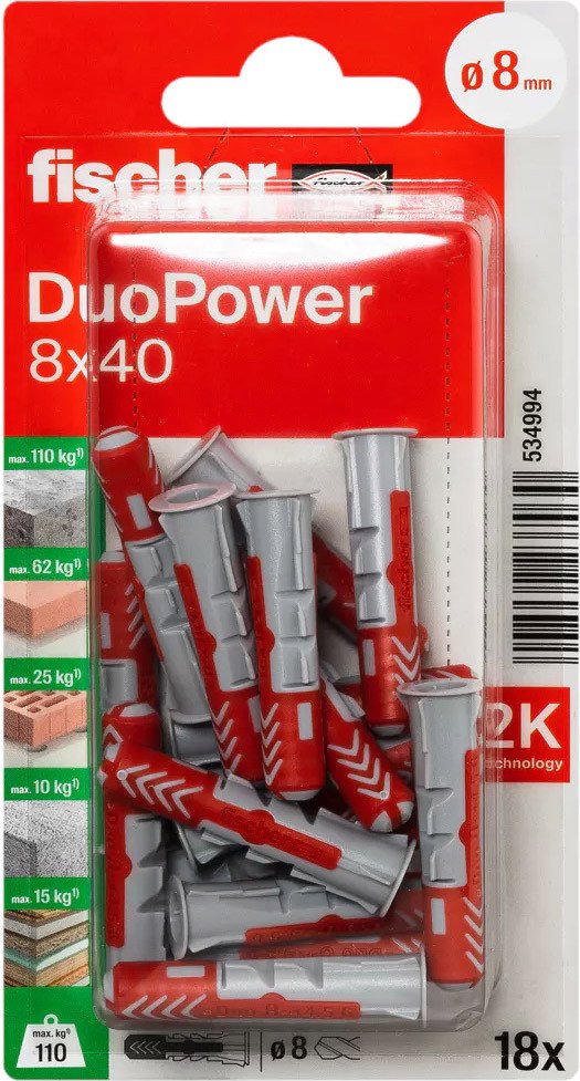 

Дюбель универсальный Fischer DuoPower 8 x 40 K NV 534994 (18 шт)