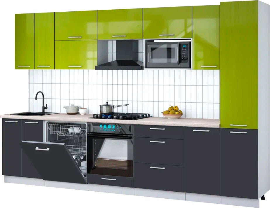 

Готовая кухня Интерлиния Мила Gloss 3.2-ПМ2 (пепел/яблоко глянец/травертин серый)