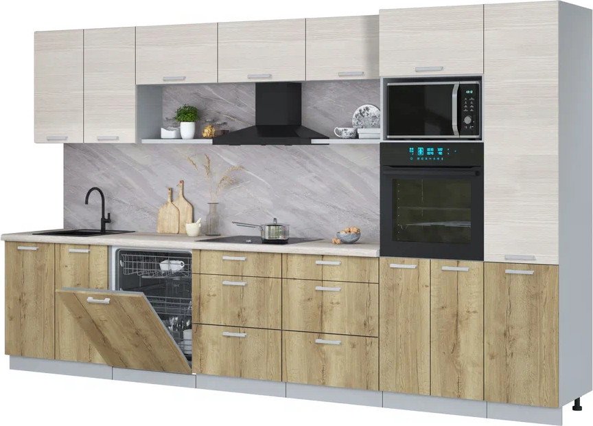 

Готовая кухня Интерлиния Мила Лайт 3.6-ПМ1 (вудлайн кремовый/дуб золотой/травертин серый)