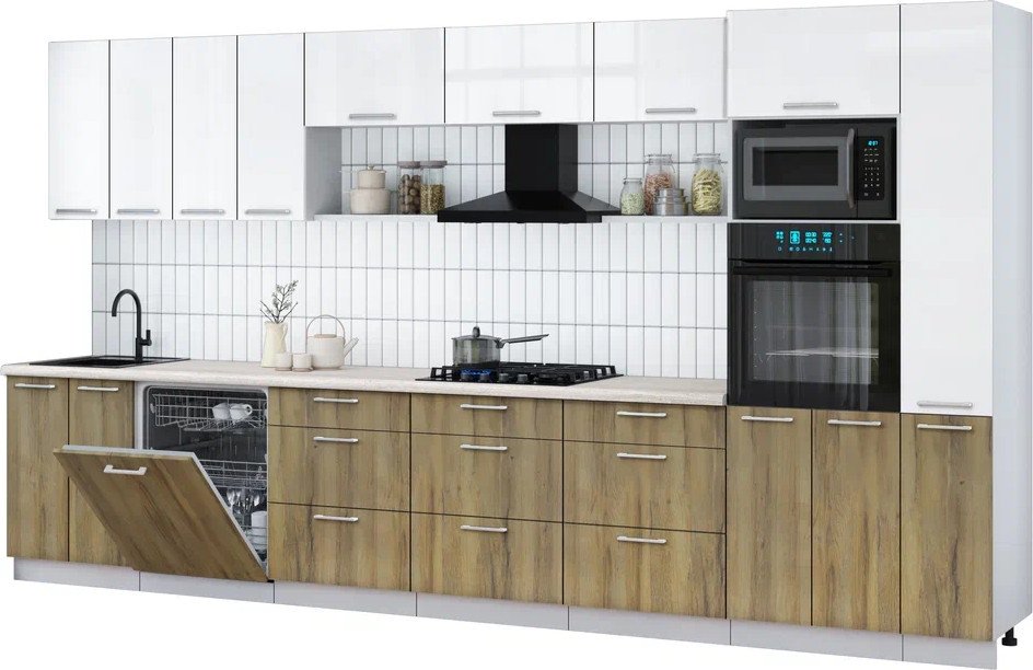 

Готовая кухня Интерлиния Мила Gloss 3.9-ПМ1 (дуб вотан/белый глянец/травертин серый)