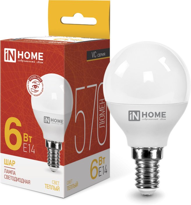 

Светодиодная лампочка In Home LED-Шар-VC 6Вт 230В Е14 3000К 570Лм 4690612020501