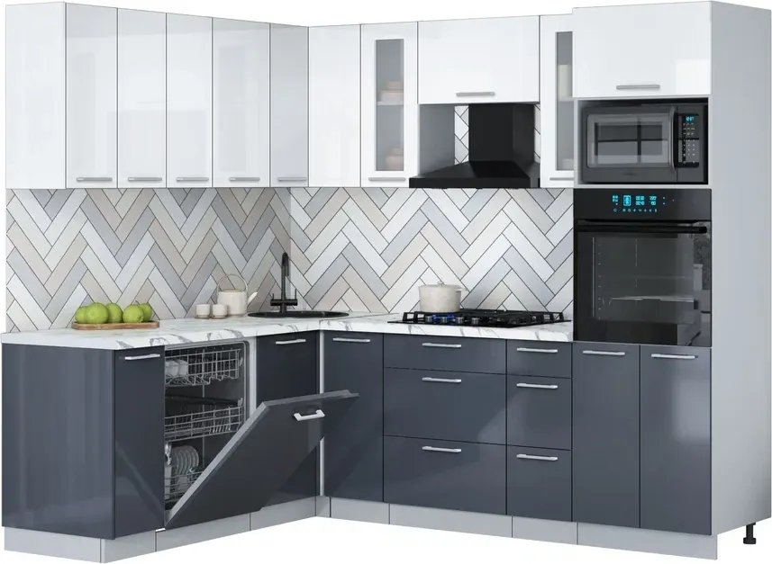 

Готовая кухня Интерлиния Мила Gloss 1.896х2.38 (асфальт глянец/белый глянец/белый гранит)