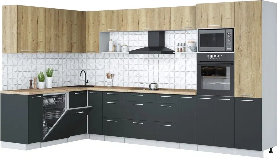 

Готовая кухня Интерлиния Мила Лайт 1.896х3.58 (дуб золотой/антрацит/дуб бунратти)