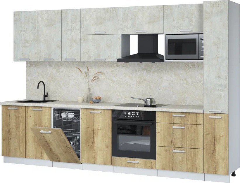 

Готовая кухня Интерлиния Мила Лайт 3.2-ПМ4 (бетон лайт/дуб золотой/опал светлый)