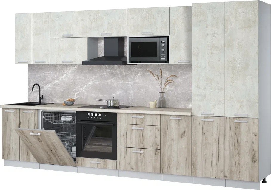 

Готовая кухня Интерлиния Мила Лайт 3.6-ПМ2 (бетон лайт/дуб серый/бискайская сосна)