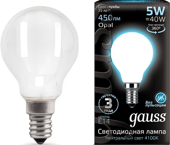 

Светодиодная лампочка Gauss Filament Globe Opal E14 5W 4100K 105201205