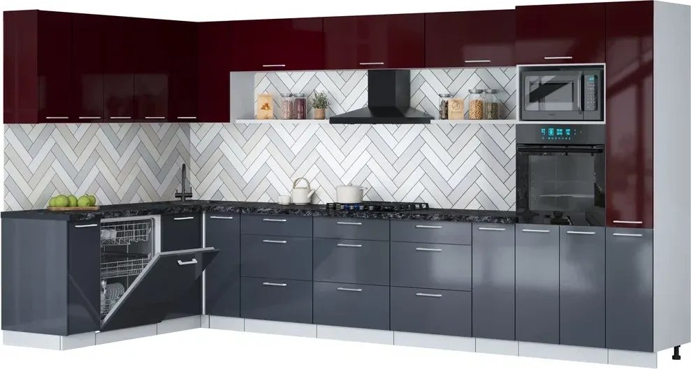 

Готовая кухня Интерлиния Мила Gloss 1.896х3.88 (асфальт глянец/бордовый глянец/кастилло темный)