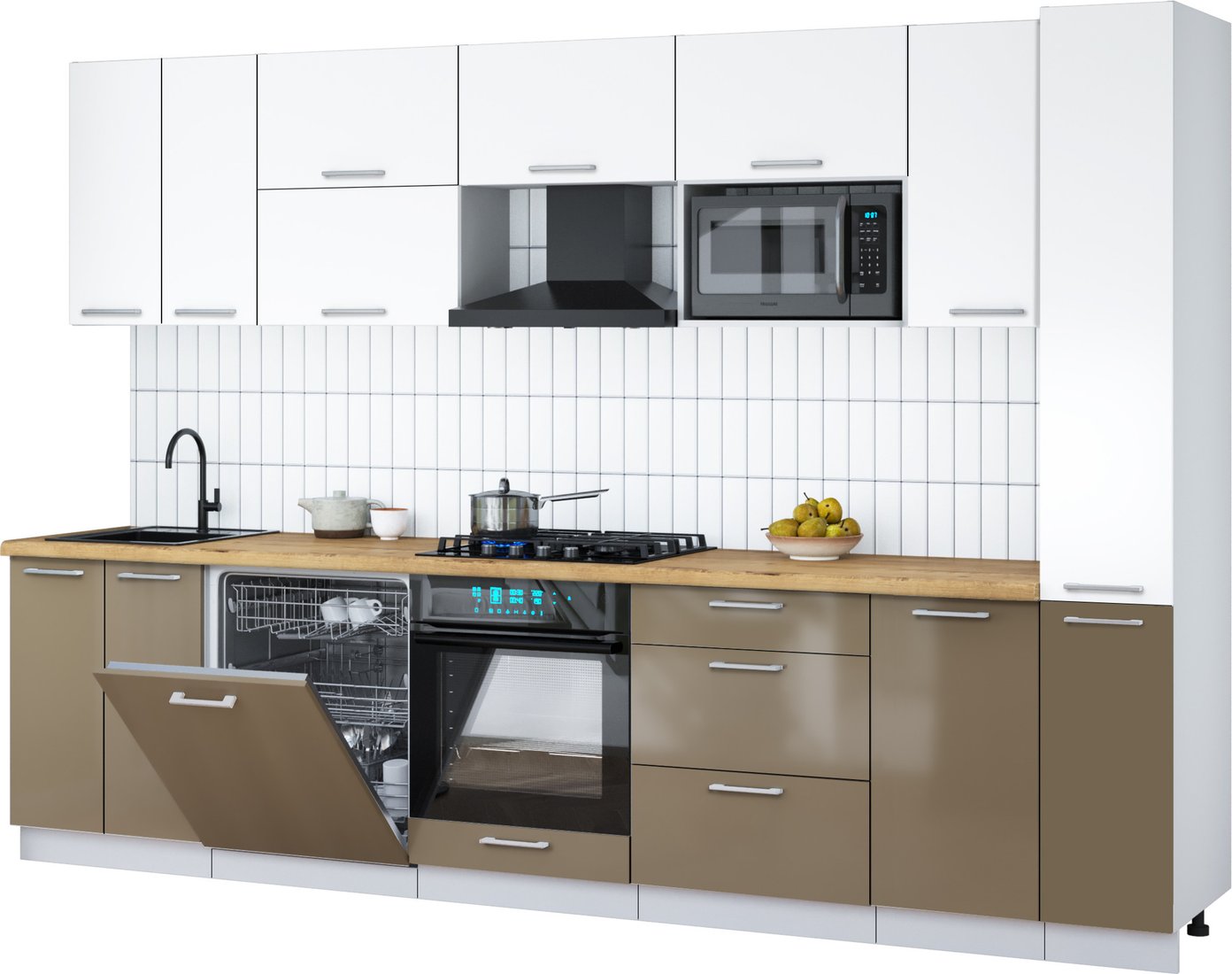 

Готовая кухня Интерлиния Мила Gloss 3.1-ПМ2 (капучино глянец/белый/дуб бунратти)