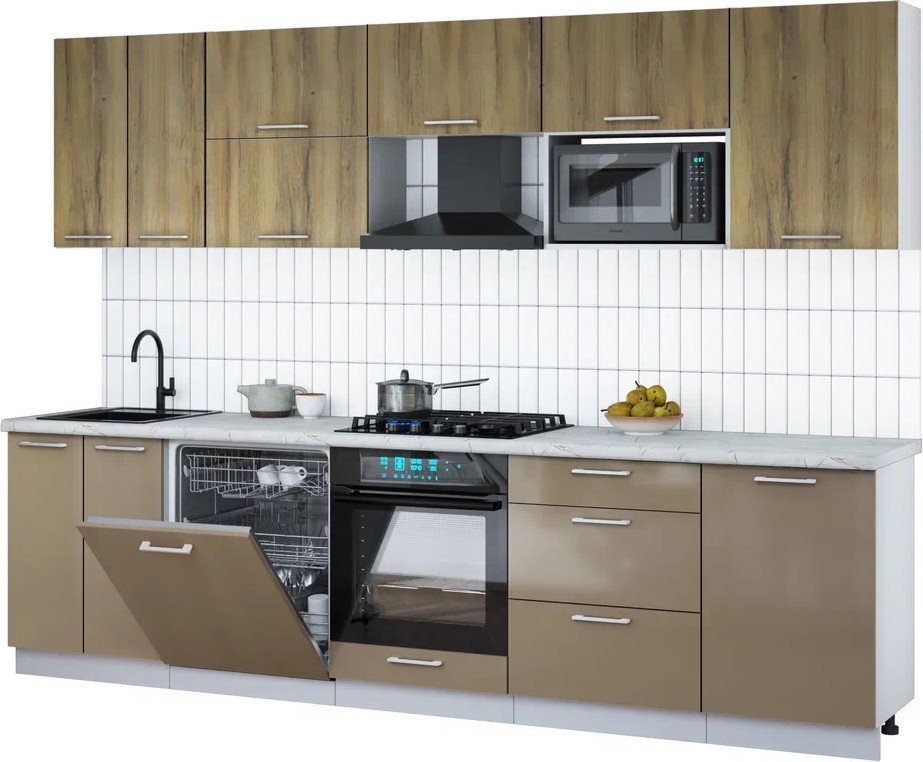 

Готовая кухня Интерлиния Мила Gloss 2.9-ПМ2 (капучино глянец/дуб вотан/серый каспий)