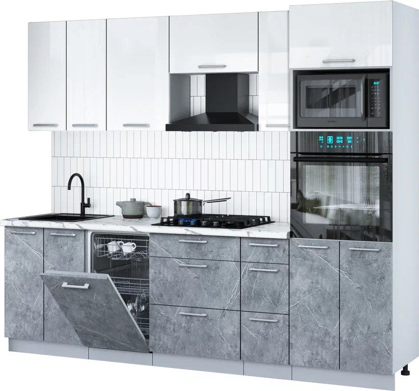 

Готовая кухня Интерлиния Мила Gloss 2.55-ПМ3 (керамика/белый глянец/белый гранит)