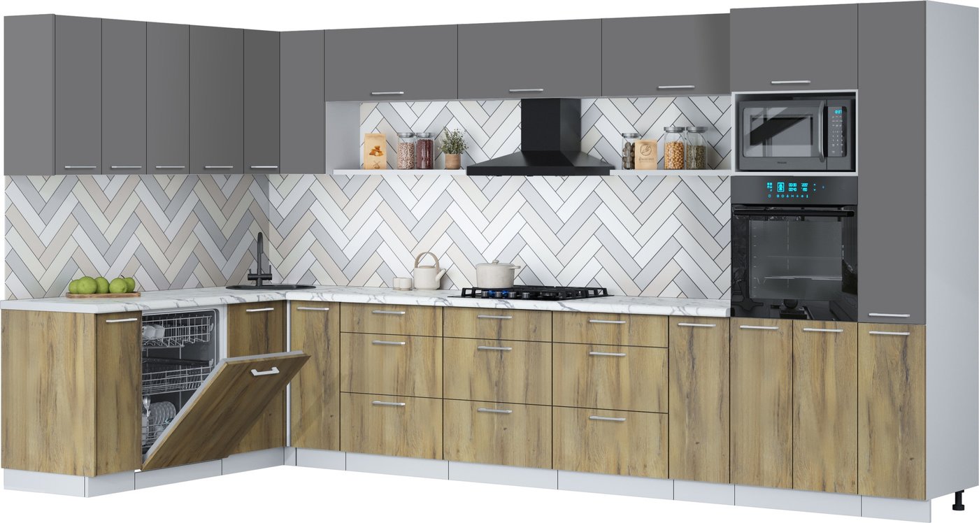 

Готовая кухня Интерлиния Мила Gloss 1.896х3.88 (дуб вотан/серый/белый гранит)