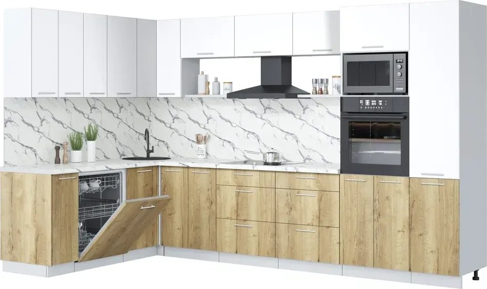 

Готовая кухня Интерлиния Мила Лайт 1.896х3.38 (белый платинум/дуб золотой/белый гранит)