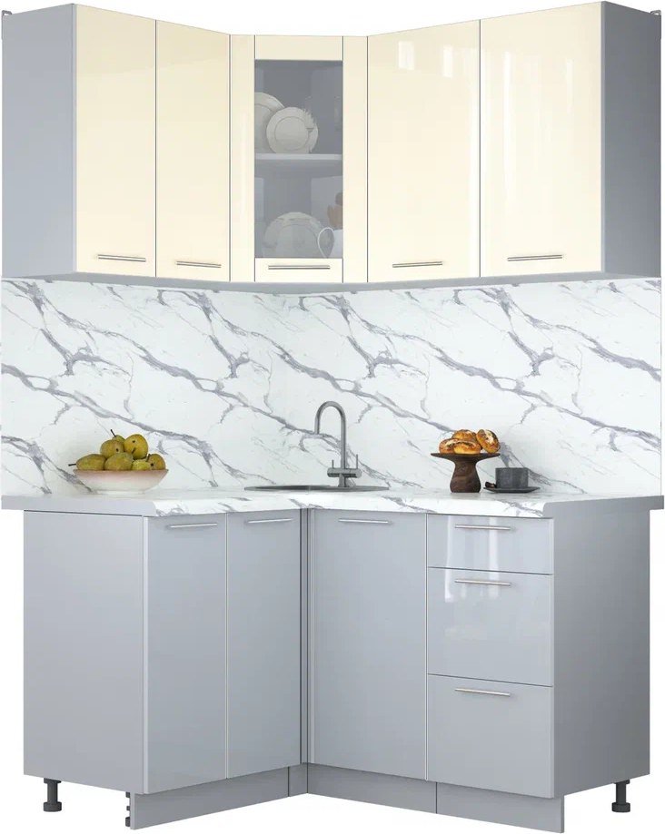 

Готовая кухня Интерлиния Мила Пластик 1.2x1.4 (ваниль/туманный глянец/белый гранит)