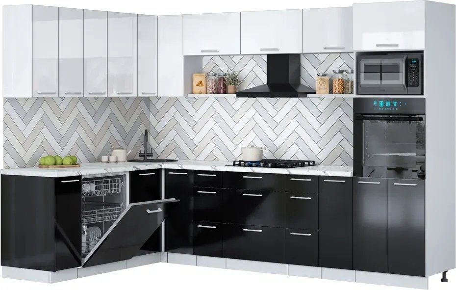 

Готовая кухня Интерлиния Мила Gloss 1.896х2.98-2 (черный глянец/белый глянец/белый гранит)