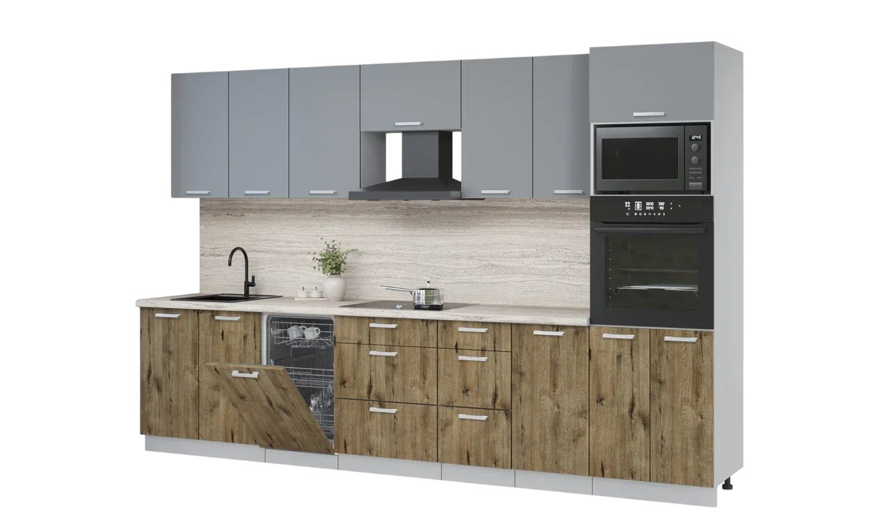 

Готовая кухня Интерлиния Мила Лайт 3.2-ПМ3 (серебро/дуб веллингтон/травертин серый)