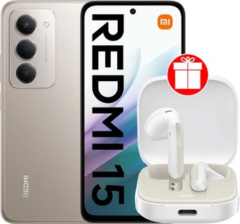 Xiaomi Redmi 15 4G 8GB/256GB международная версия (титановый) + наушники Xiaomi Redmi Buds 6 Active M2344E1 (белый) по акции