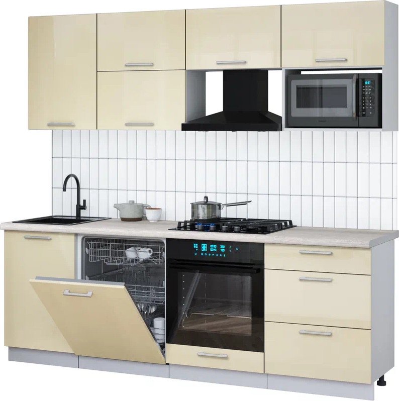 

Готовая кухня Интерлиния Мила Gloss 2.3-ПМ2 (ваниль глянец/ваниль глянец/травертин серый)