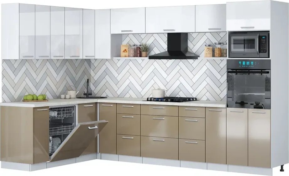 

Готовая кухня Интерлиния Мила Gloss 1.896х3.18 (капучино глянец/белый глянец/опал светлый)