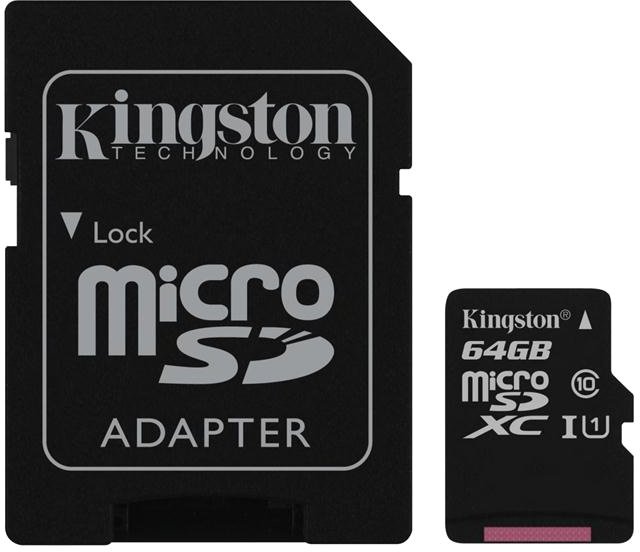 

Карта памяти Kingston microSDXC UHS-I (Class 10) 64GB + адаптер [SDC10G2/64GB]