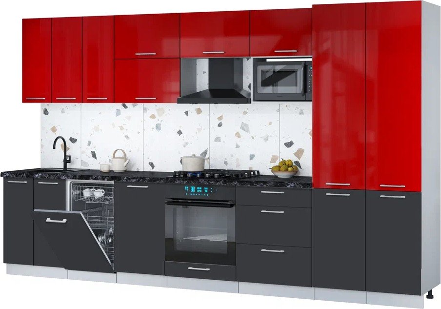 

Готовая кухня Интерлиния Мила Gloss 3.5-ПМ4 (пепел/красный глянец/кастилло темный)