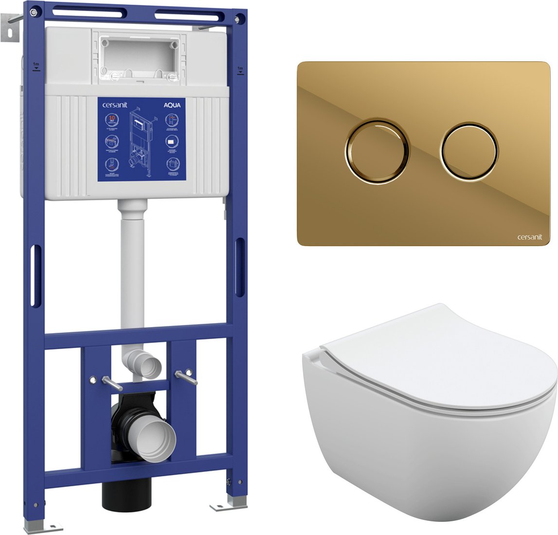 

Унитаз подвесной Cersanit Brasko Slim 64824 + Aqua 50 68178 +Accento Circle для Aqua 69083 (кнопка золото глянец)