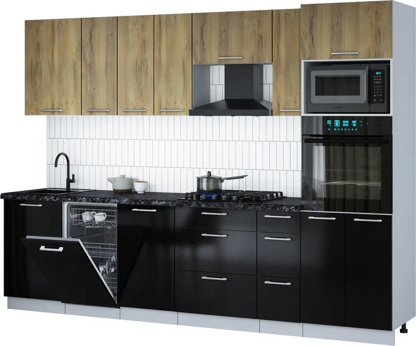 

Готовая кухня Интерлиния Мила Gloss 2.9-ПМ3 (черный глянец/дуб вотан/кастилло темный)