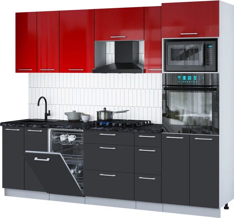 

Готовая кухня Интерлиния Мила Gloss 2.55-ПМ3 (пепел/красный глянец/кастилло темный)