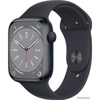 Умные часы Apple Watch Series 8 45 мм (алюминиевый корпус, полуночный/полуночный, спортивный силиконовый ремешок M/L)