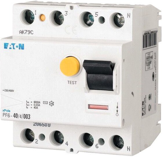 

Устройство защитного отключения Eaton PF6 4P 40A 30мА 4М 286508