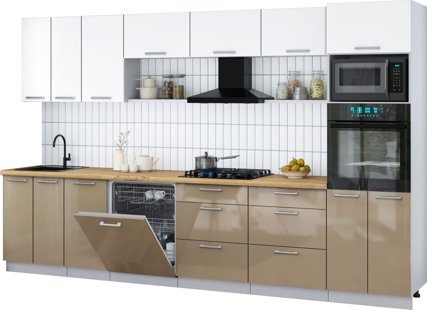 

Готовая кухня Интерлиния Мила Gloss 3.4-ПМ1-2 (капучино глянец/белый/дуб бунратти)