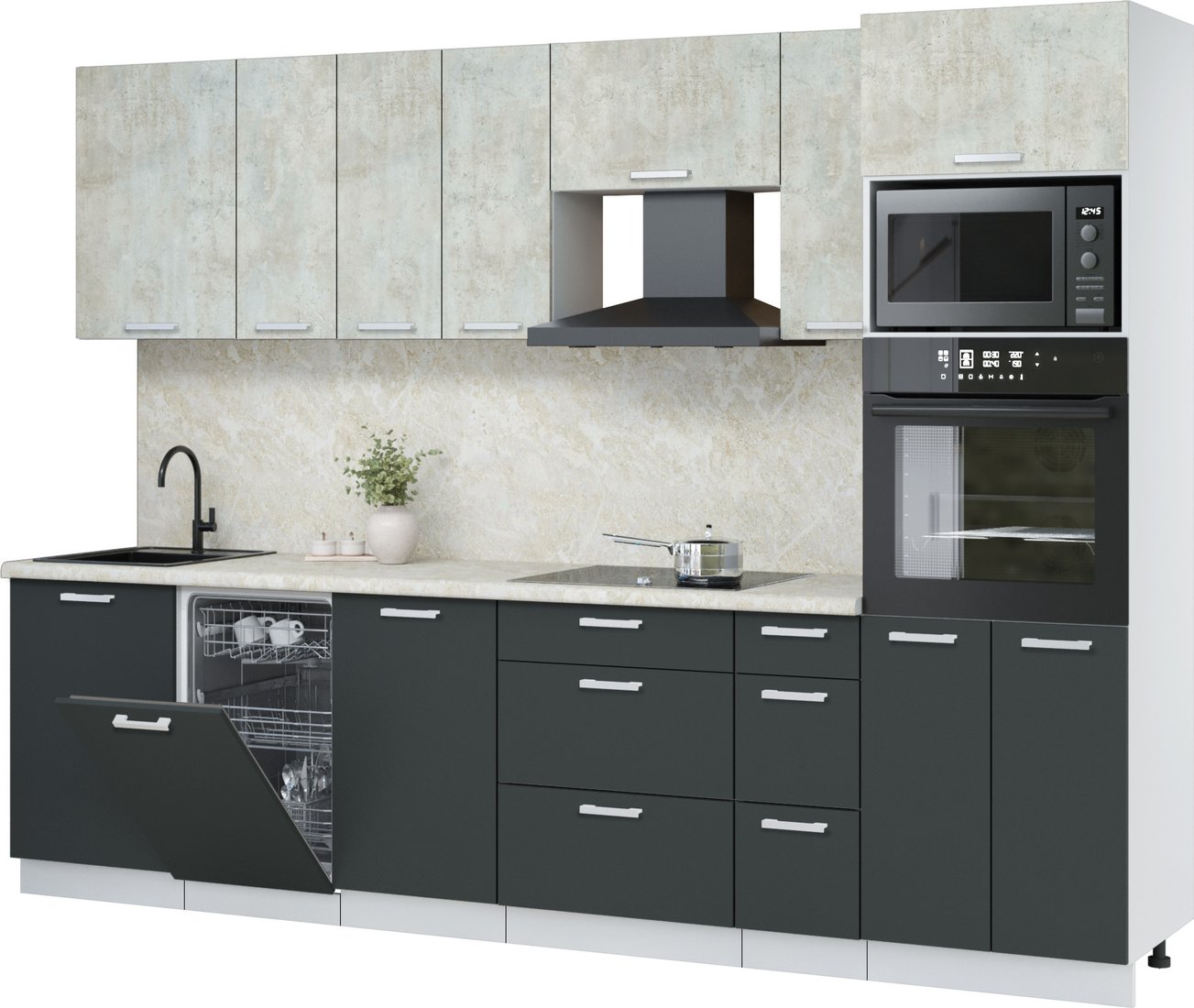 

Готовая кухня Интерлиния Мила Лайт 2.9-ПМ3 (бетон лайт/антрацит/опал светлый)