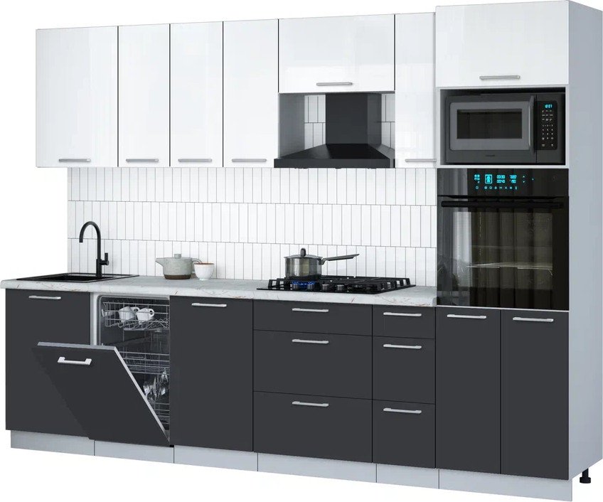 

Готовая кухня Интерлиния Мила Gloss 2.9-ПМ3 (пепел/белый глянец/серый каспий)