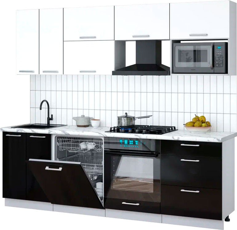 

Готовая кухня Интерлиния Мила Gloss 2.4-ПМ2 (черный глянец/белый/белый гранит)