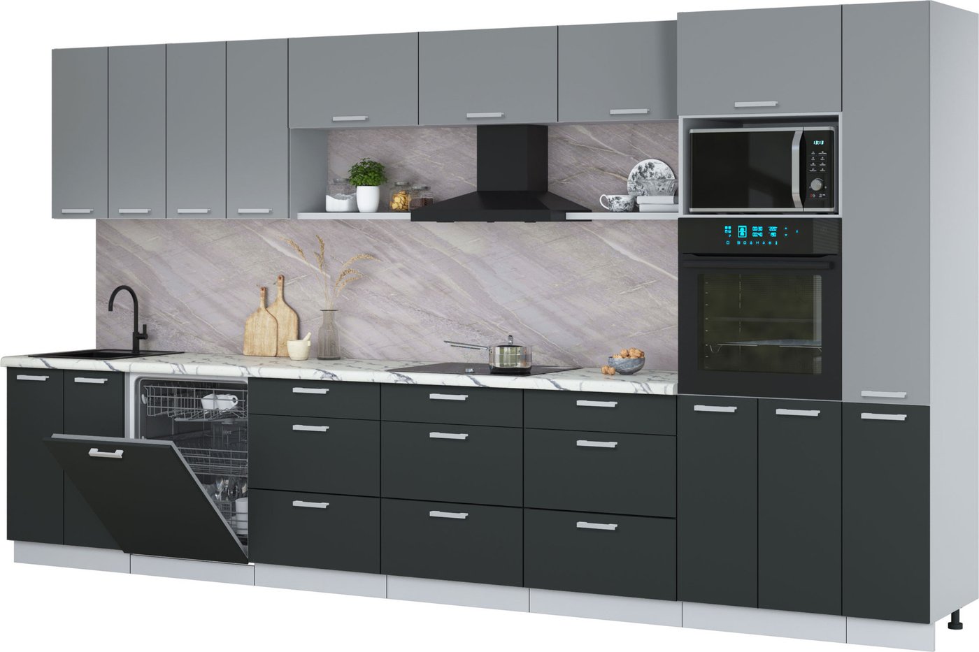 

Готовая кухня Интерлиния Мила Лайт 3.9-ПМ1 (серебро/антрацит/белый гранит)