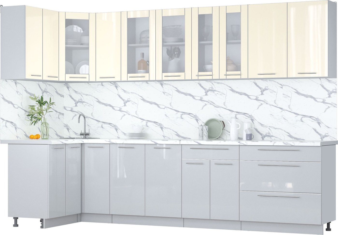 

Готовая кухня Интерлиния Мила Пластик 1.2x3.1 (ваниль глянец/туманный глянец/белый гранит)