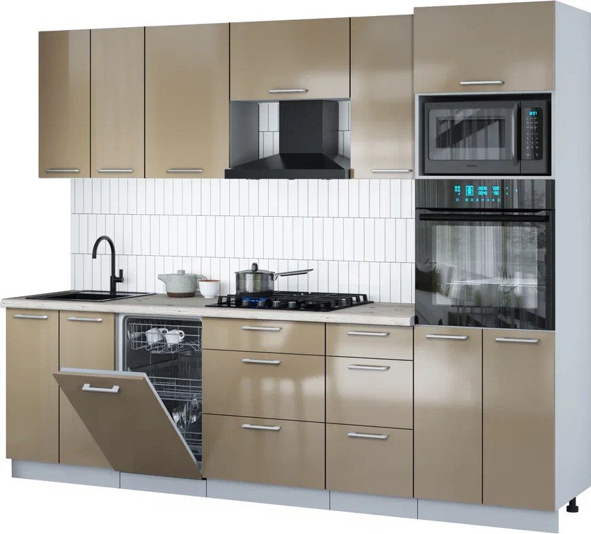 

Готовая кухня Интерлиния Мила Gloss 2.65-ПМ3 (капучино глянец/капучино глянец/бискайская сосна)